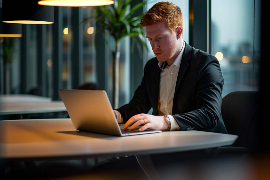 F12.Sovereign-Cloud.man-office-laptop Man working on a laptop at an office