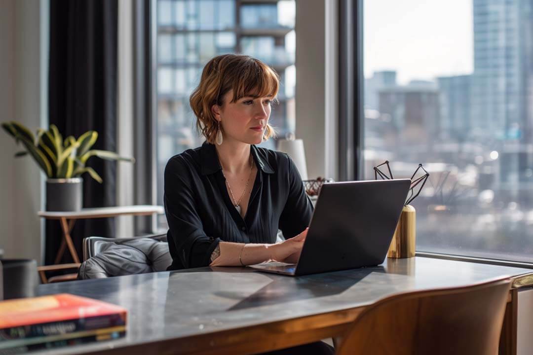 F12.Team-Exercises.woman-office-laptop Woman working on a laptop in a modern office
