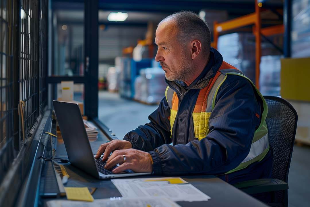 F12.Tech-Business-Workshop.man-warehouse-laptop Man working on a laptop in an industrial setting