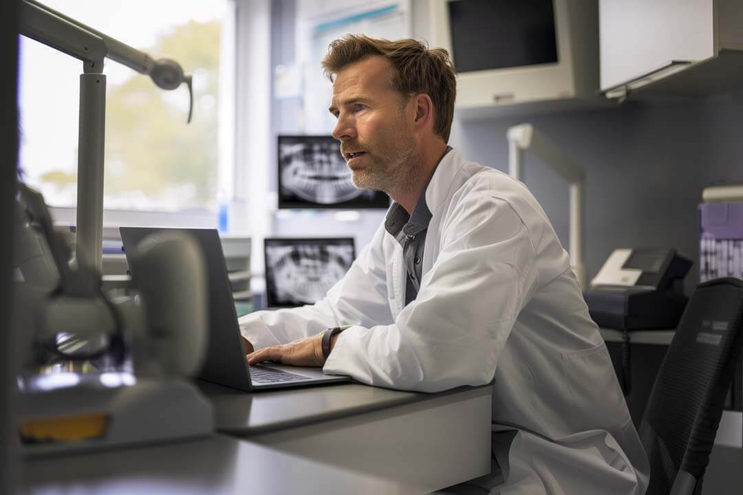 F12.Tech-Strategy.man-dentist-laptop Male dentist working on a laptop at his dental office