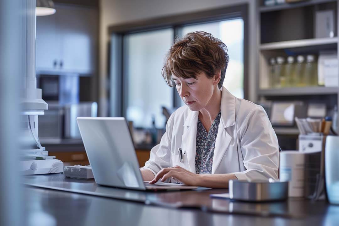 F12.Virtual-CIO.woman-doctor-laptop Woman doctor working on a laptop at a healthcare facility