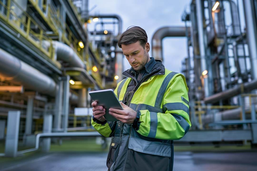 f12.Compliance-Security.male-energy-tablet Man typing on tablet at energy facility