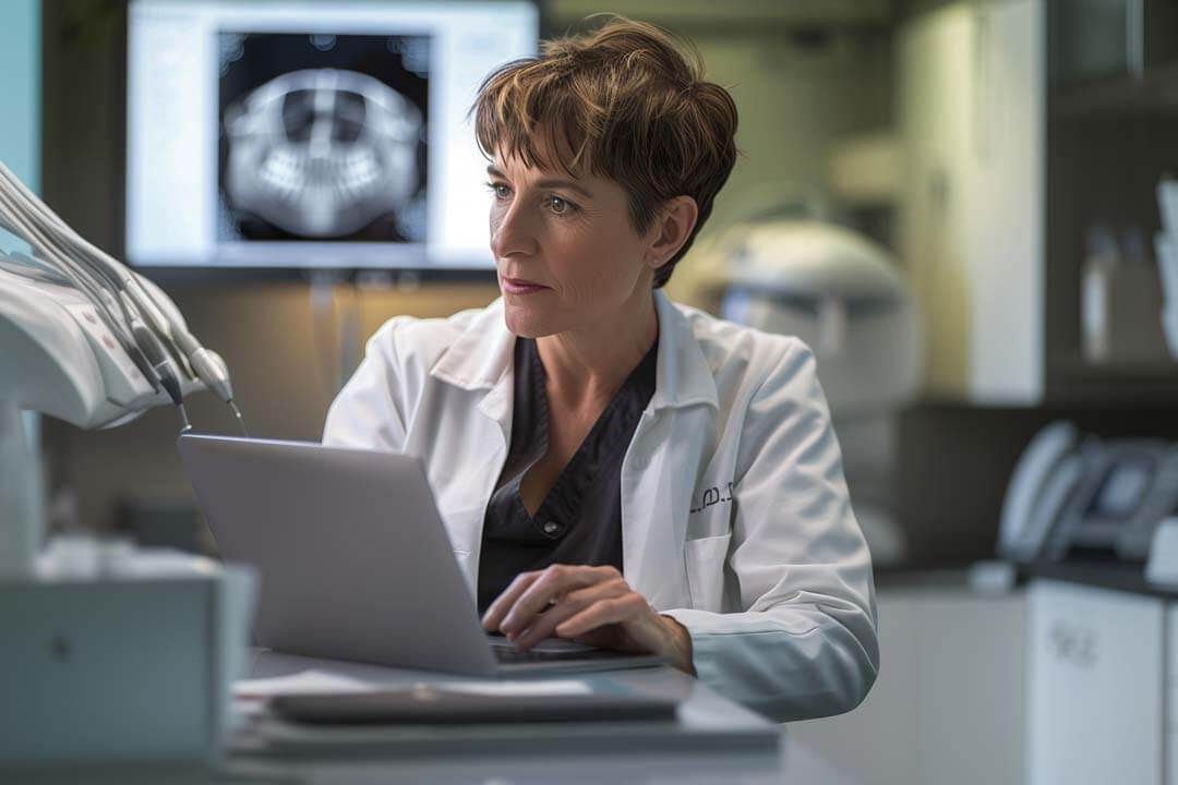 f12.Compliance-Security.woman-dentist-laptop Female dentist typing on laptop