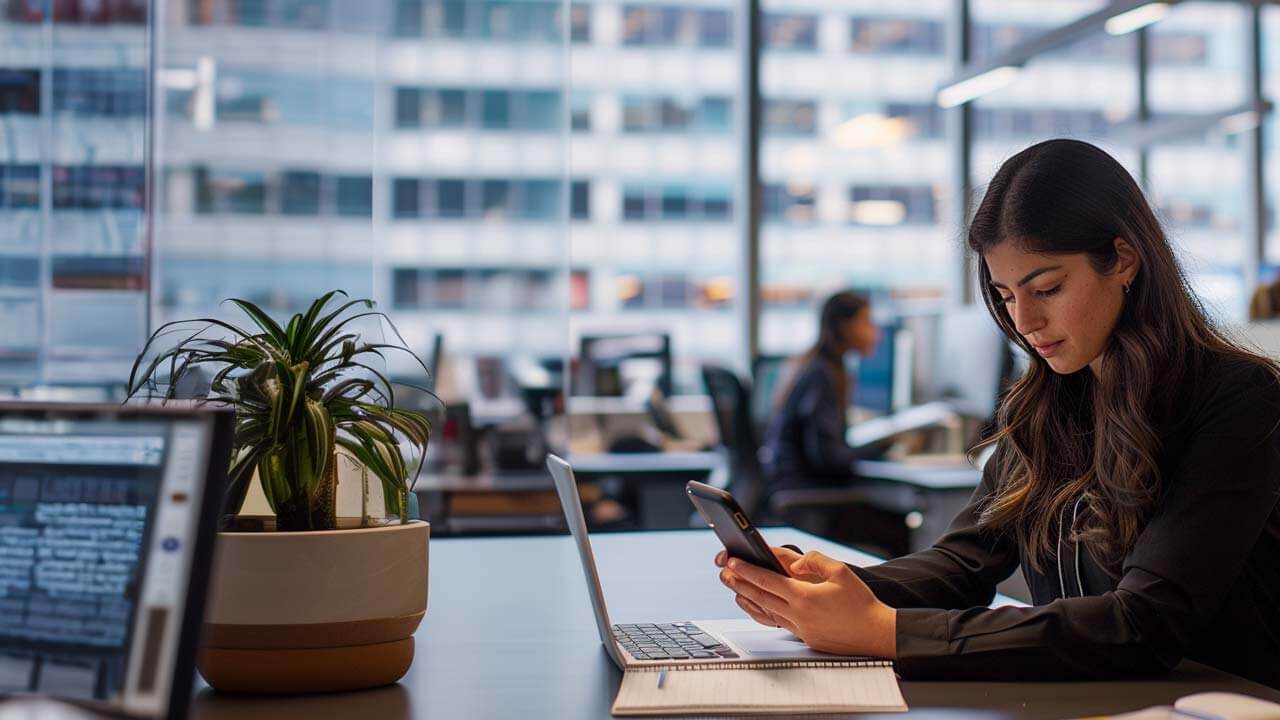 f12.Compliance-Security.woman-office-smartphone Woman in office texting on smartphone