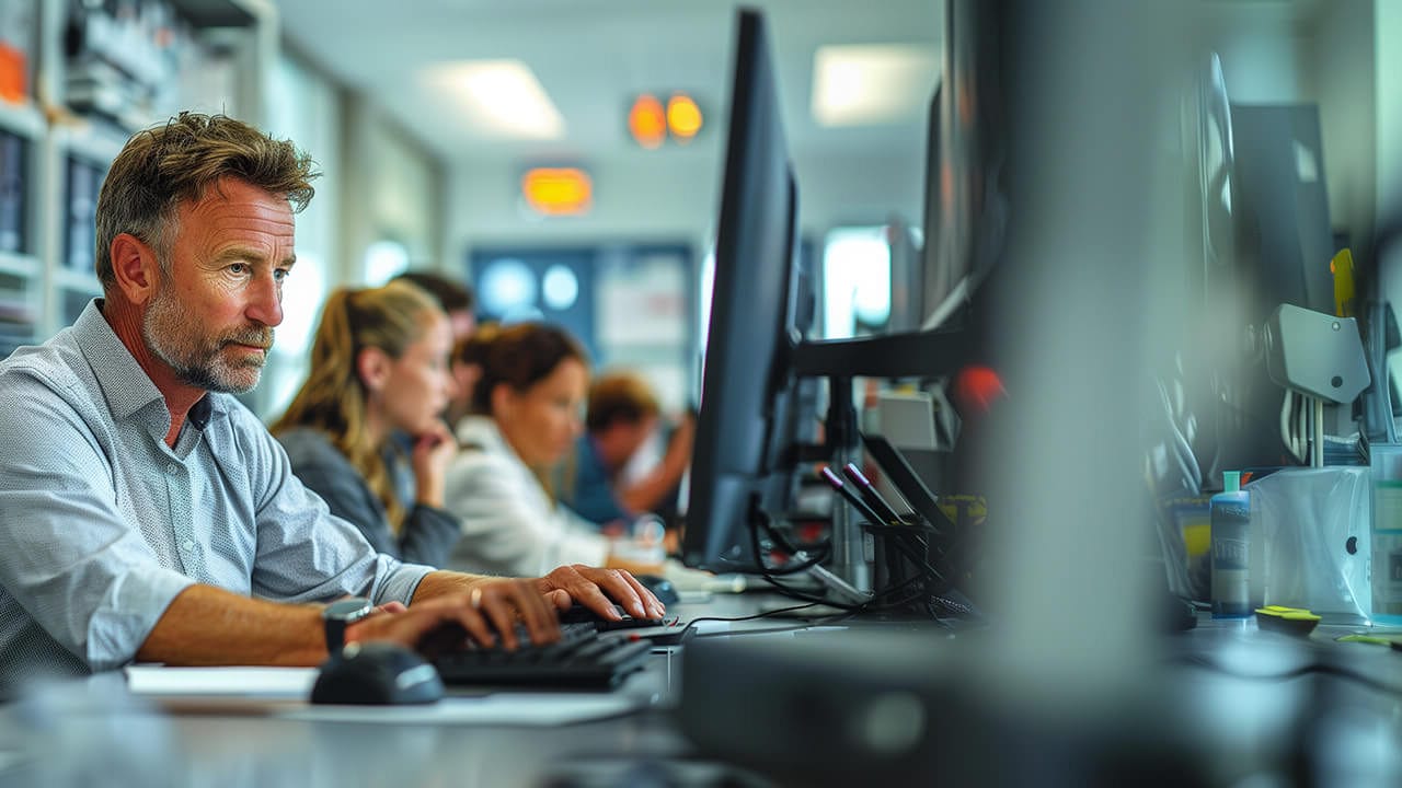Man working on a desktop in a modern office space