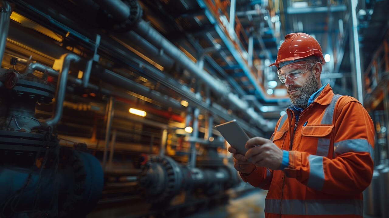 f12.products.f12-assist.construction-man-ipad Female warehouse manager working on a laptop