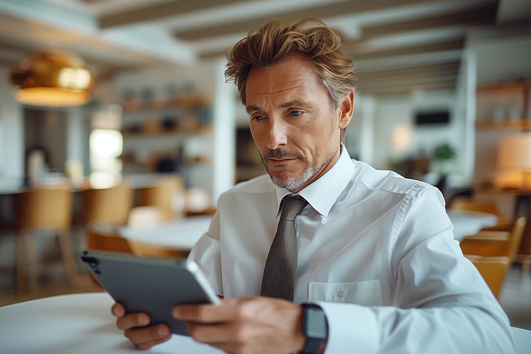 f12.products.f12-connect.man-tablet Man working on a laptop at a home office