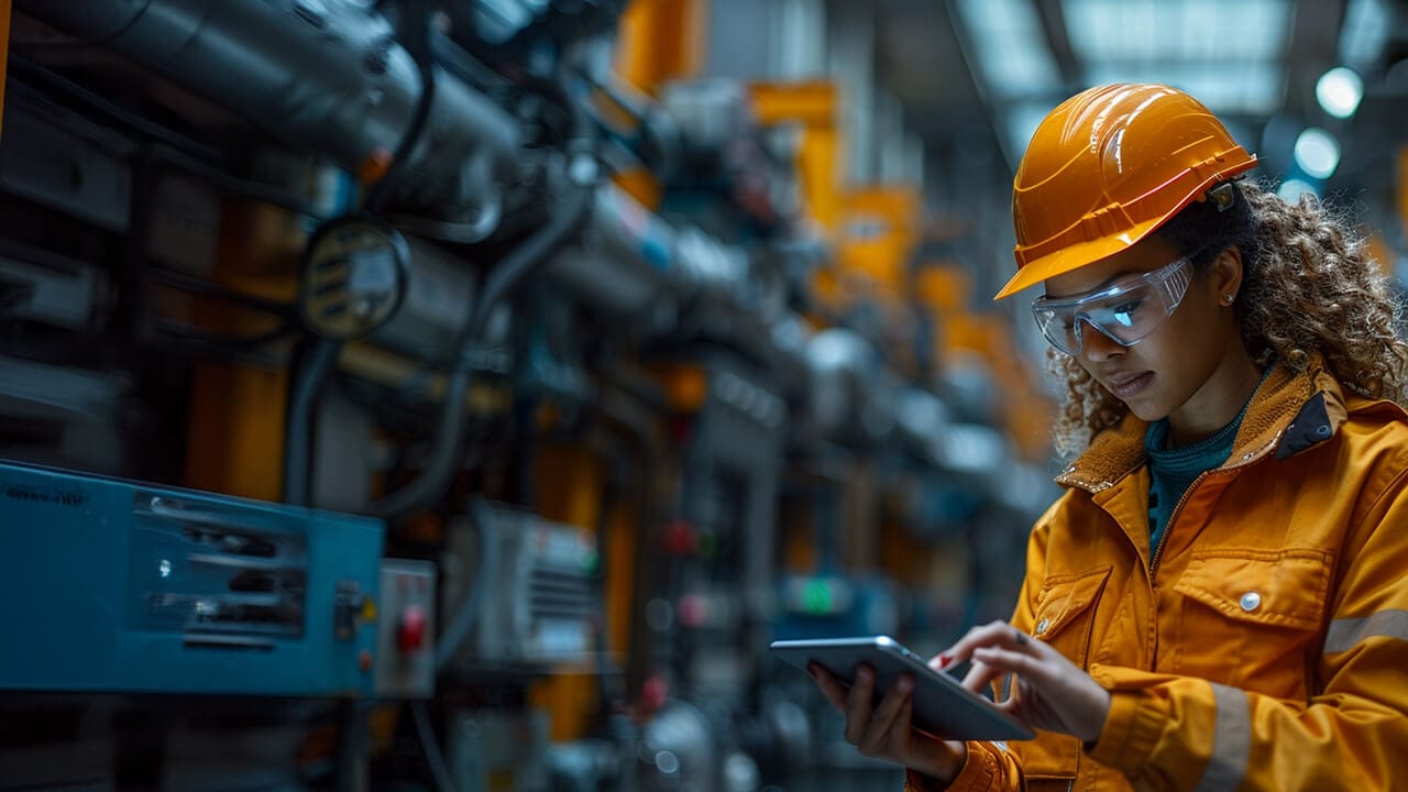 f12.products.f12-mdr.construction-woman-on-tablet Female warehouse manager working on a laptop