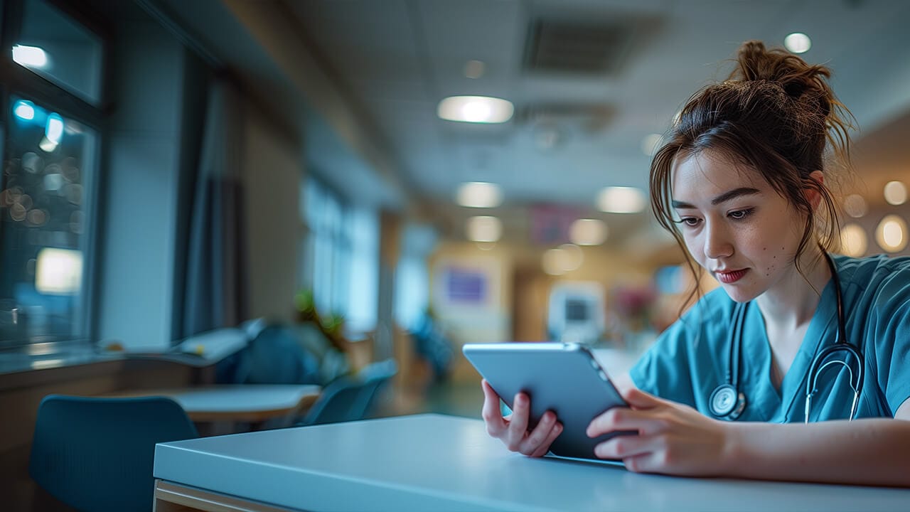 f12.products.f12-select.nurse-on-tablet Female warehouse manager working on a laptop