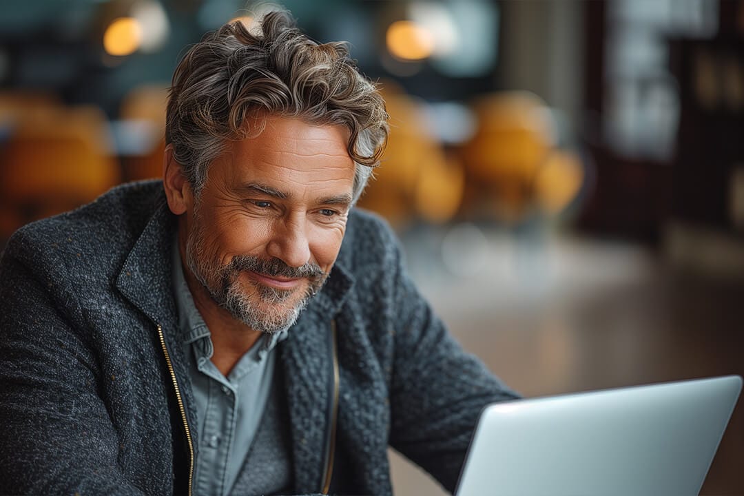 f12.f12-customer-satisfaction.happy-man-laptop Man working on a laptop in an energy facility