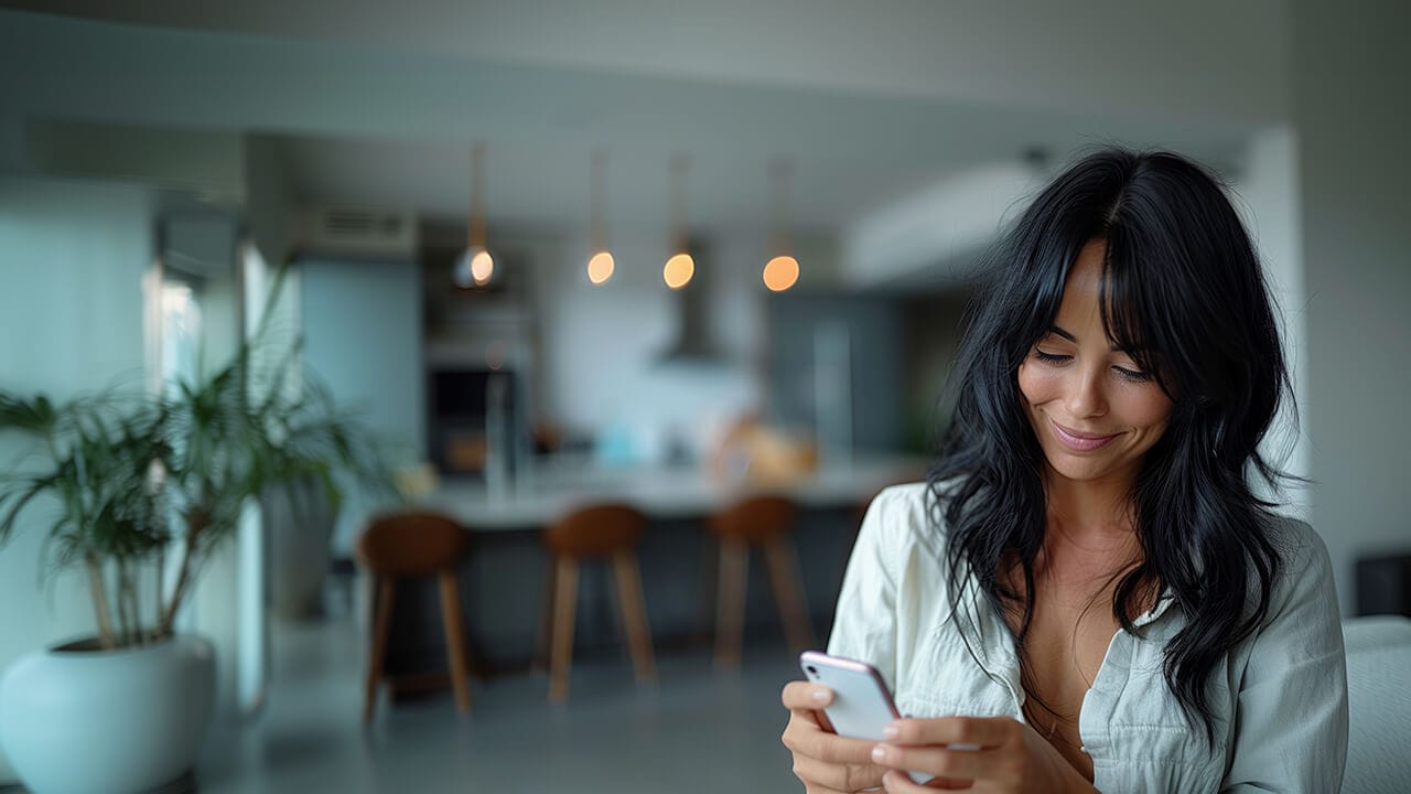 f12.f12-customer-satisfaction.woman-phone Professional woman texting at a desk in a modern office
