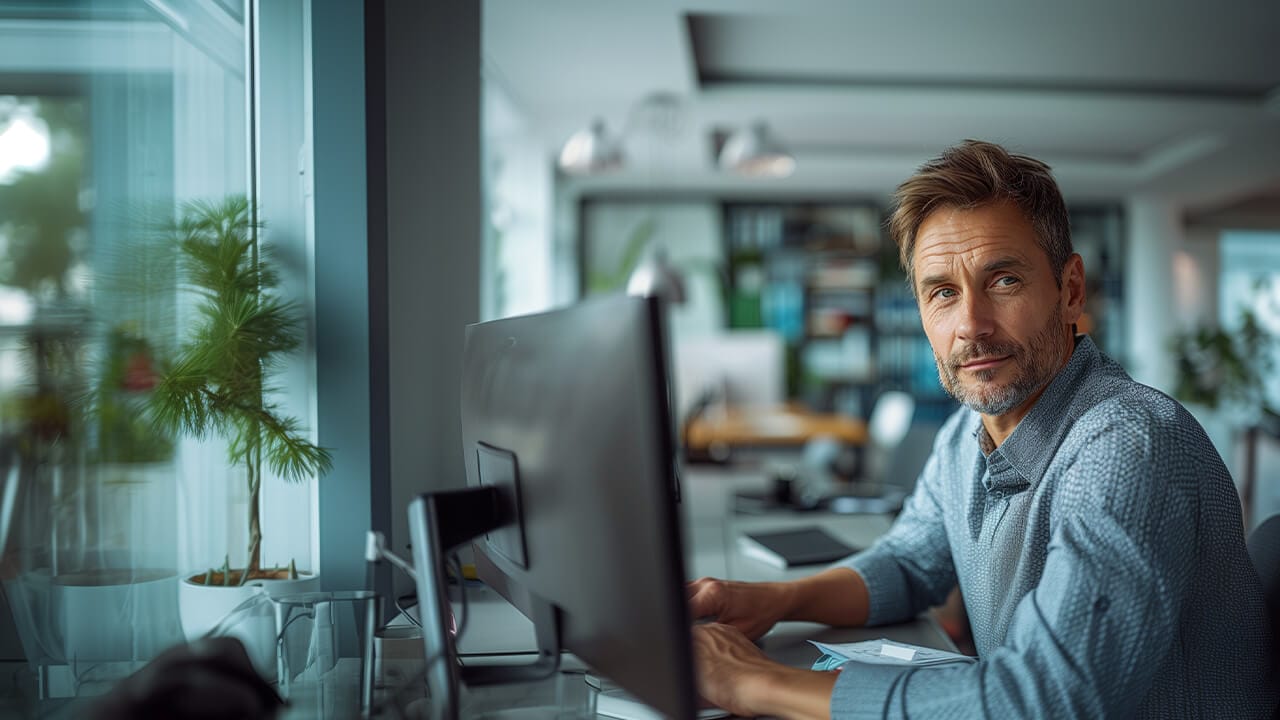 f12.soc-2-type-2-compliance.man-on-desktop Professional woman texting at a desk in a modern office